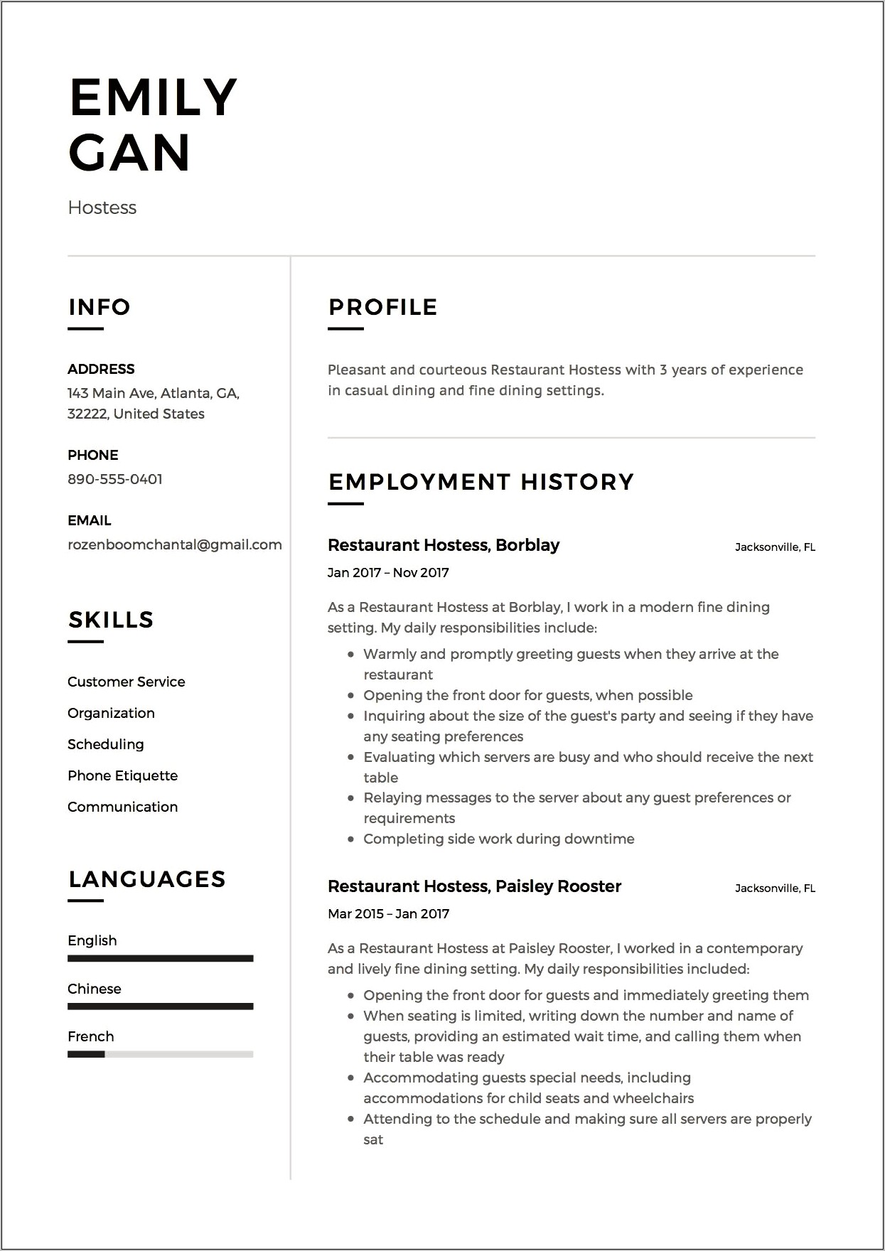 Example Of Resume For Restaurant Hostess
