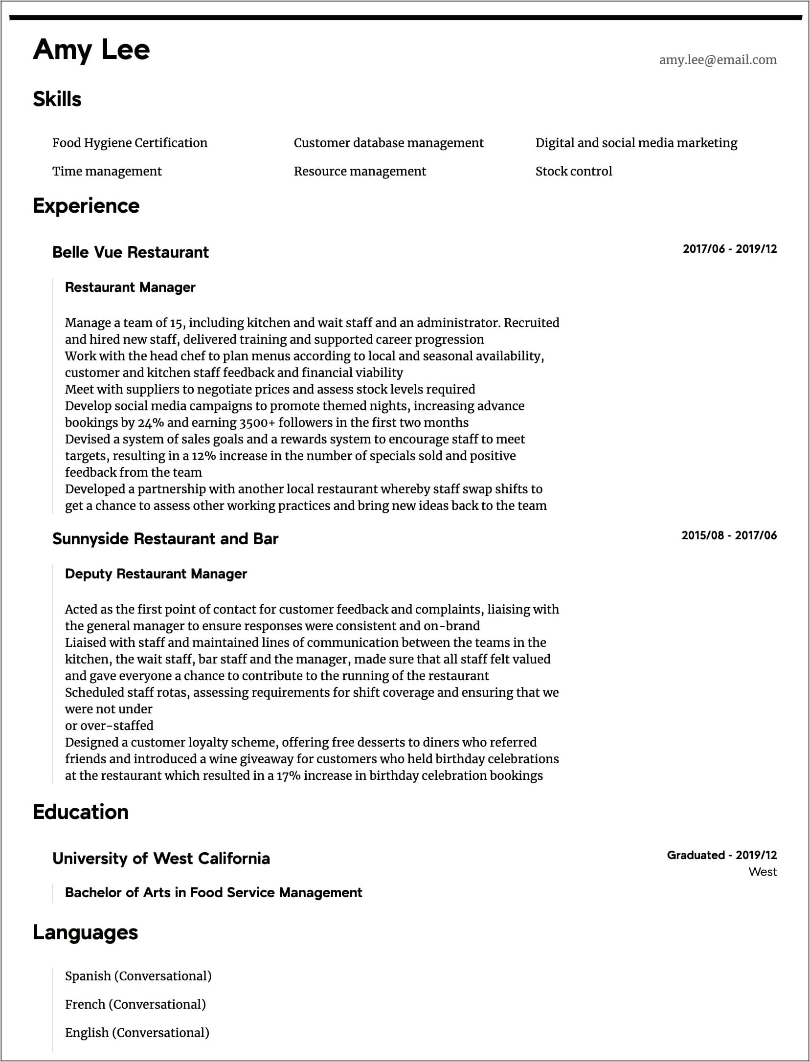 Example Of Resume For Restaurant Manager