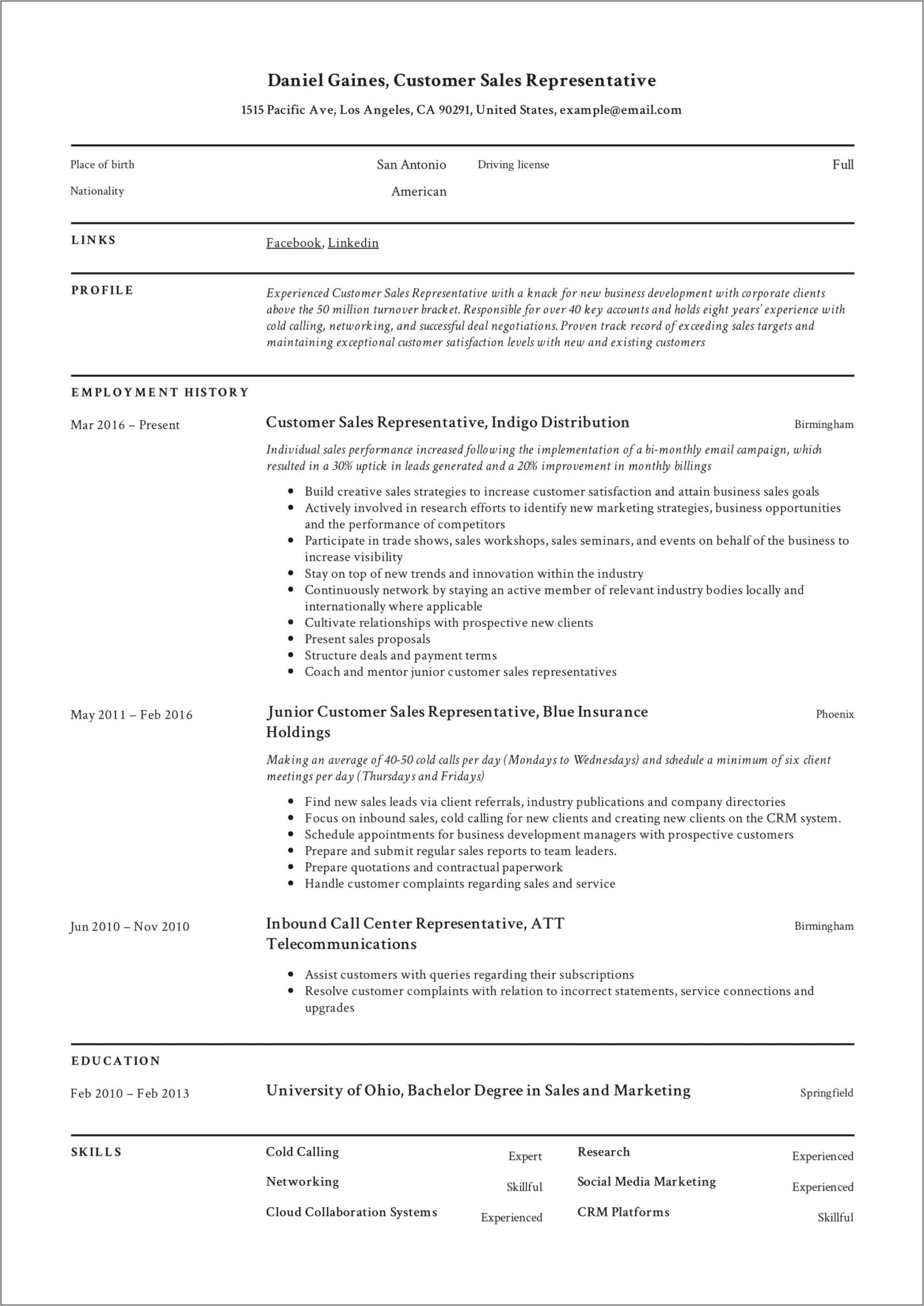 Example Of Resume For Sales Lady