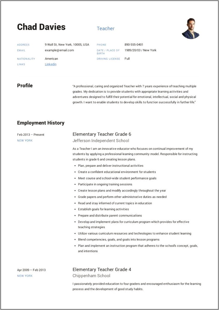 Example Of Resume For Secondary Teachers