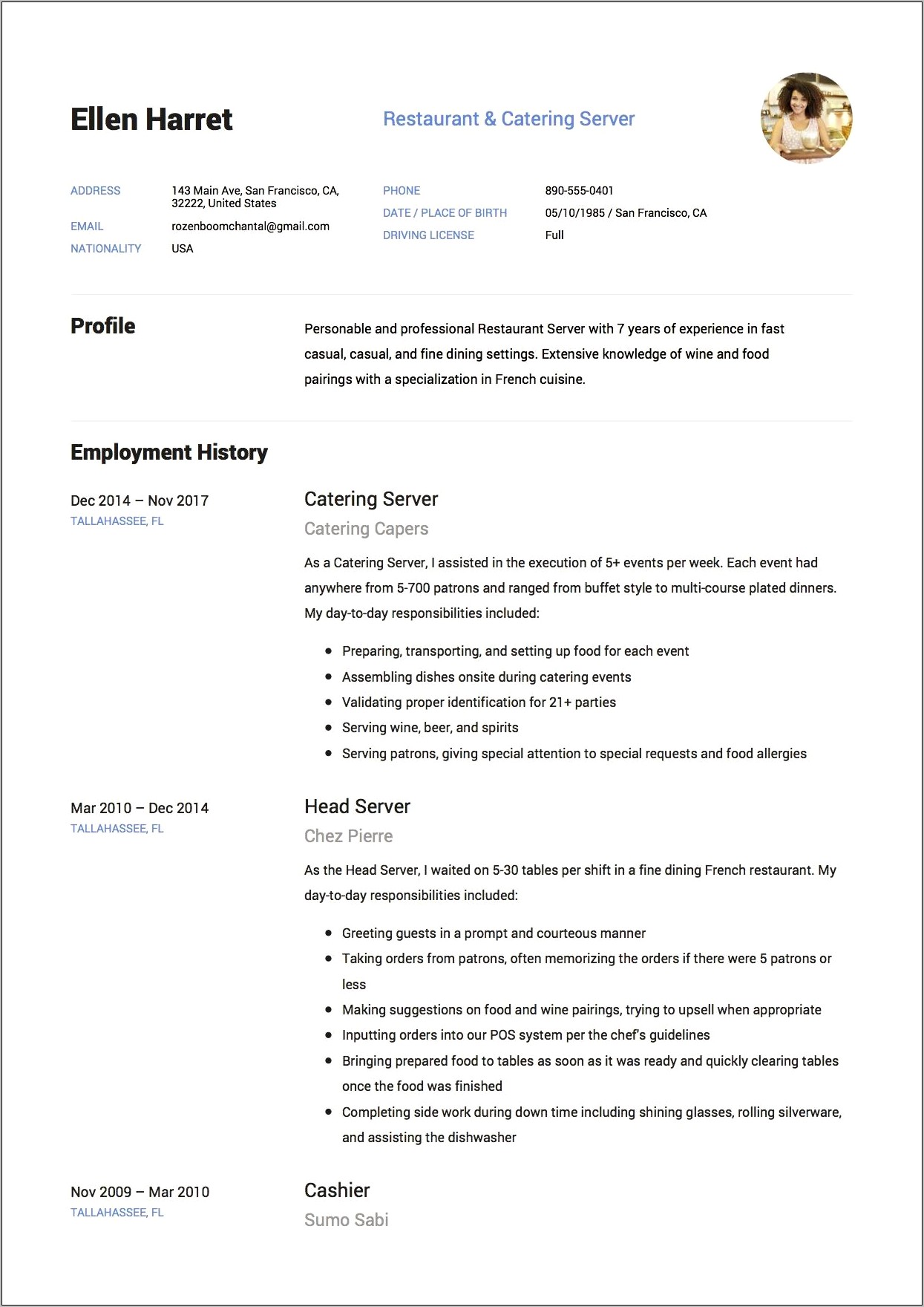 Example Of Resume For Server Fine Dining