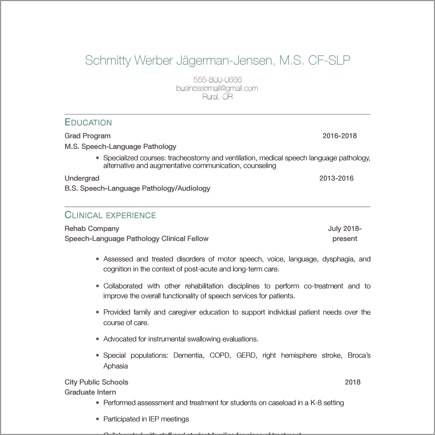 Example Of Resume For Slp In Hospitals