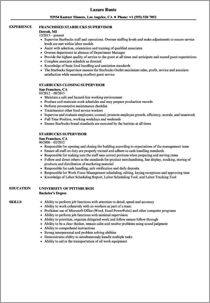 Example Of Resume For Supervisor Position