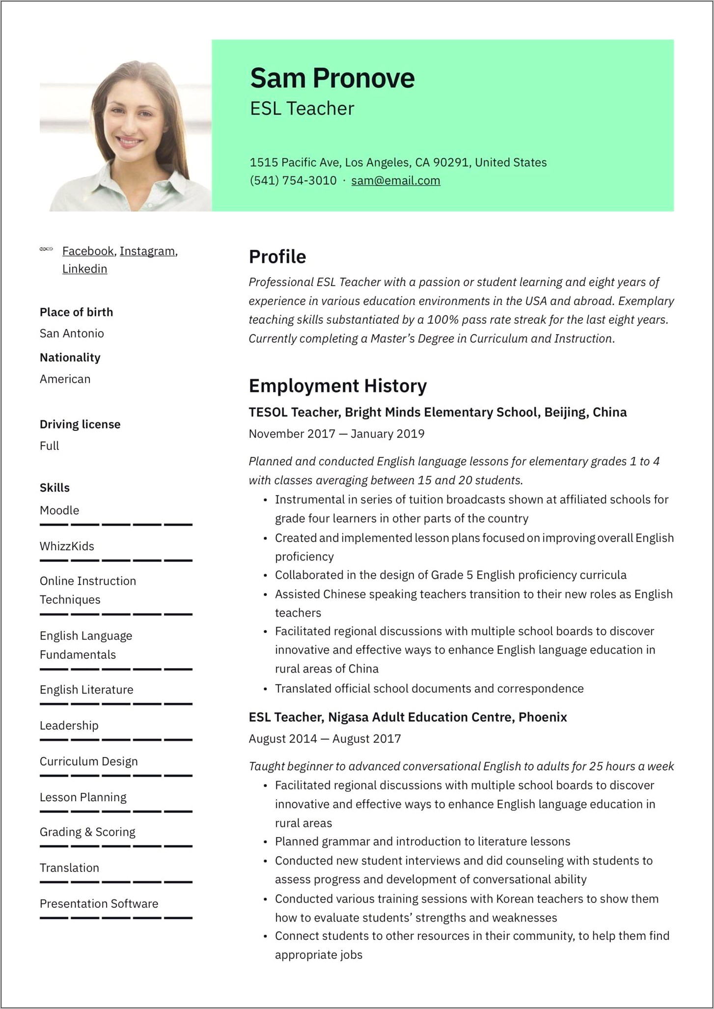 Example Of Resume For Teaching English Abroad