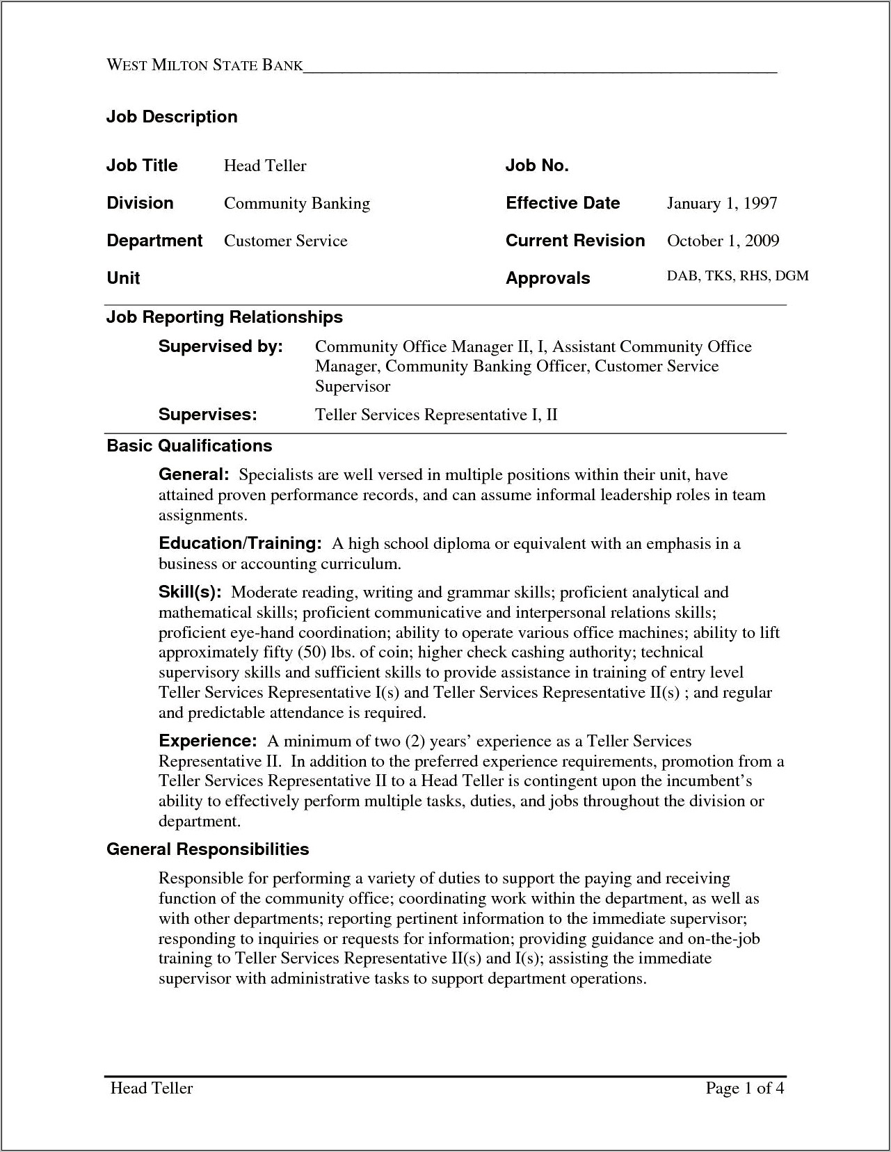 Example Of Resume For Teller Position