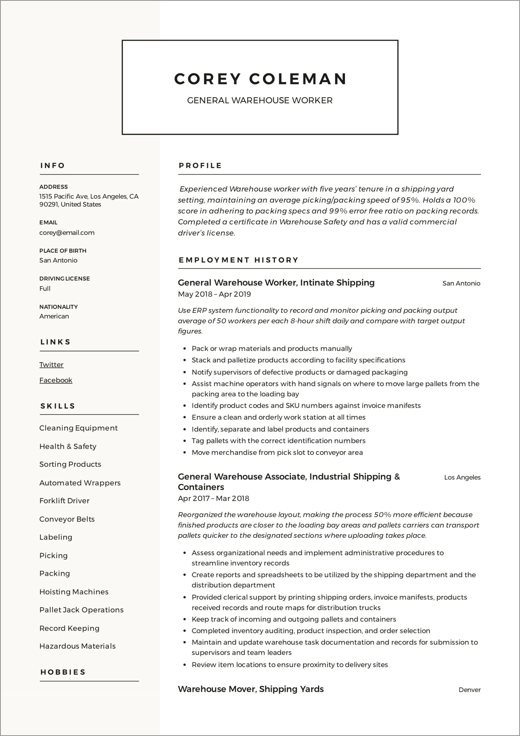 Example Of Resume For Warehouse Position