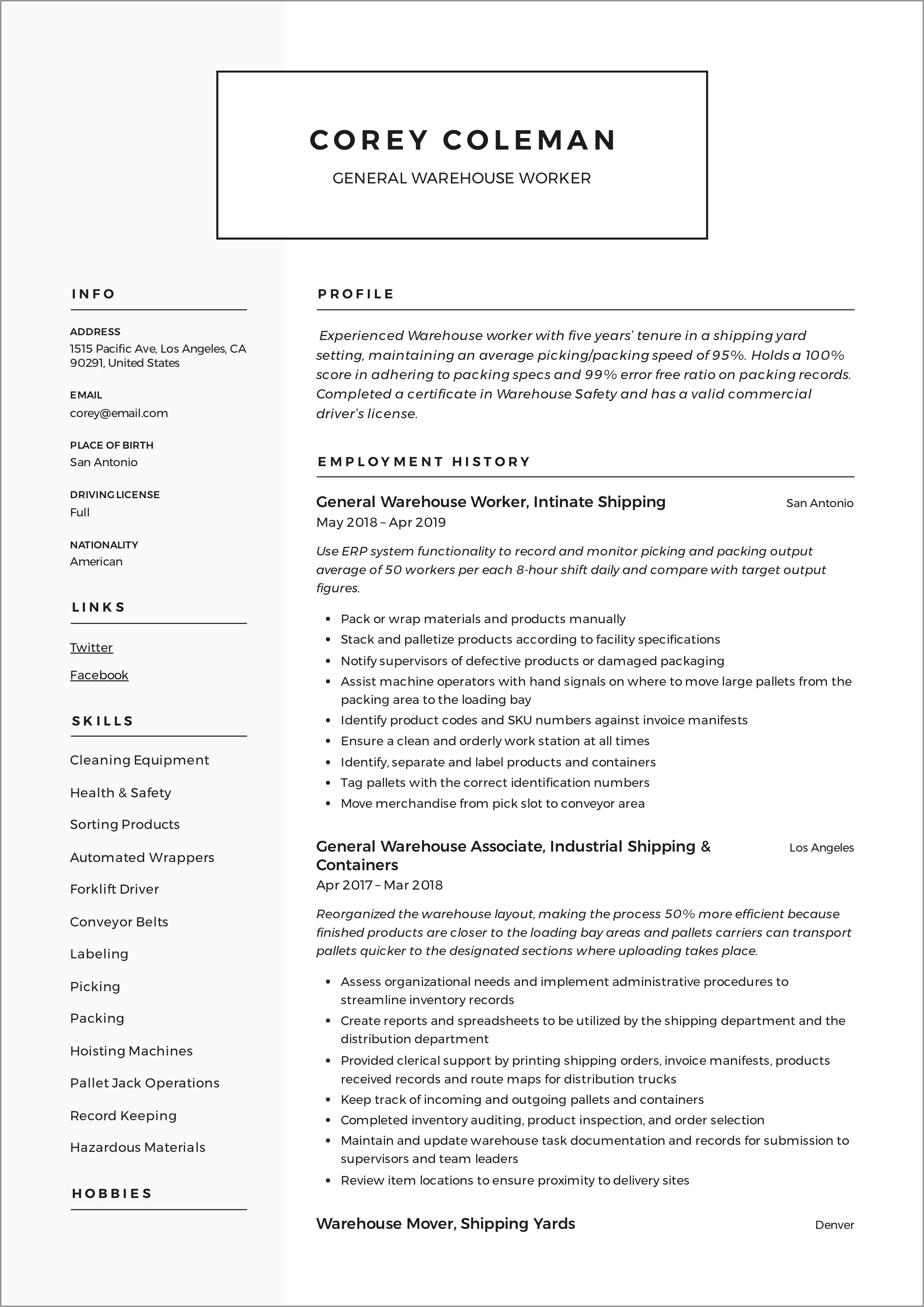 Example Of Resume For Warehouse Position