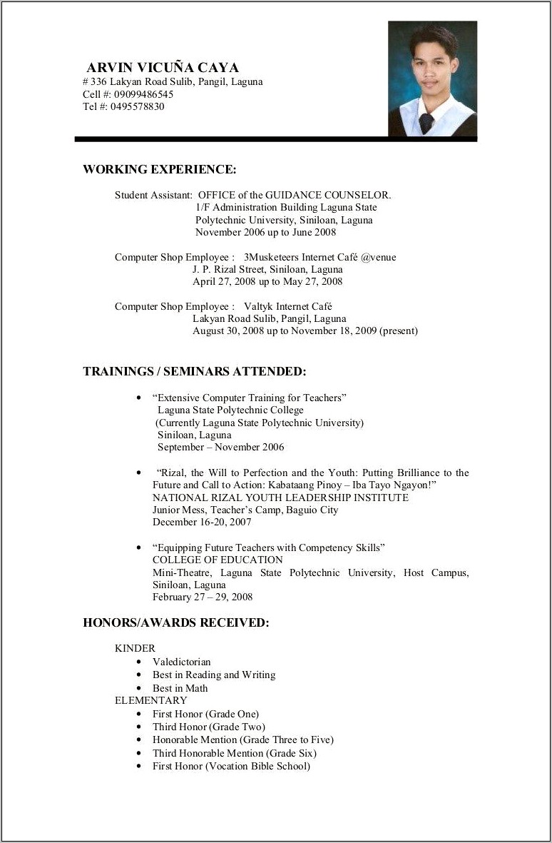 Example Of Resume For Working Student