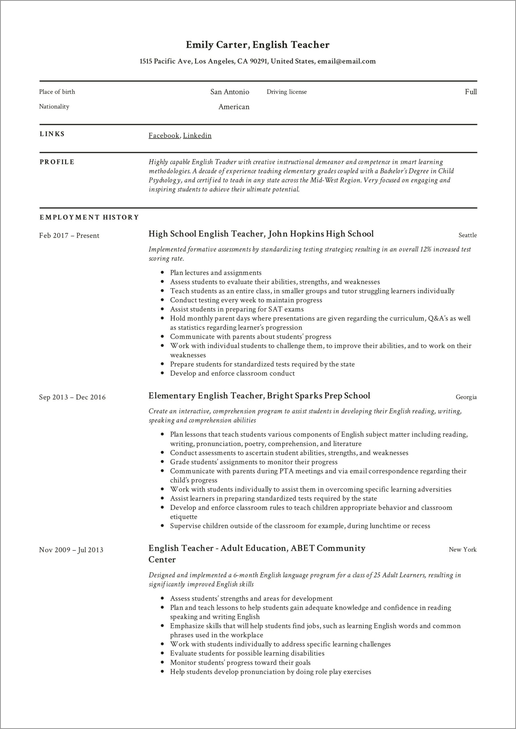 Example Of Resume In English Pdf