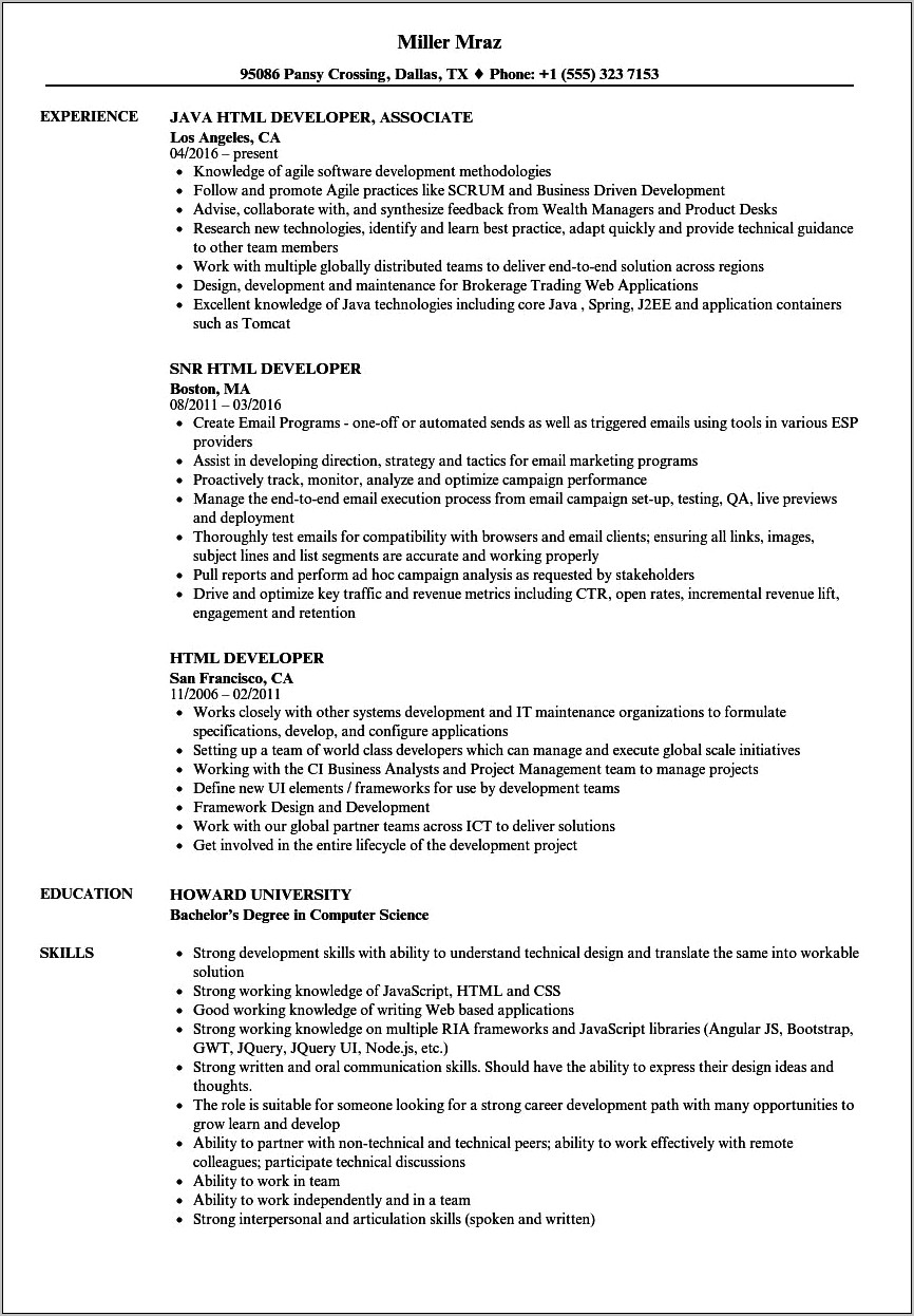 Example Of Resume In Html Code