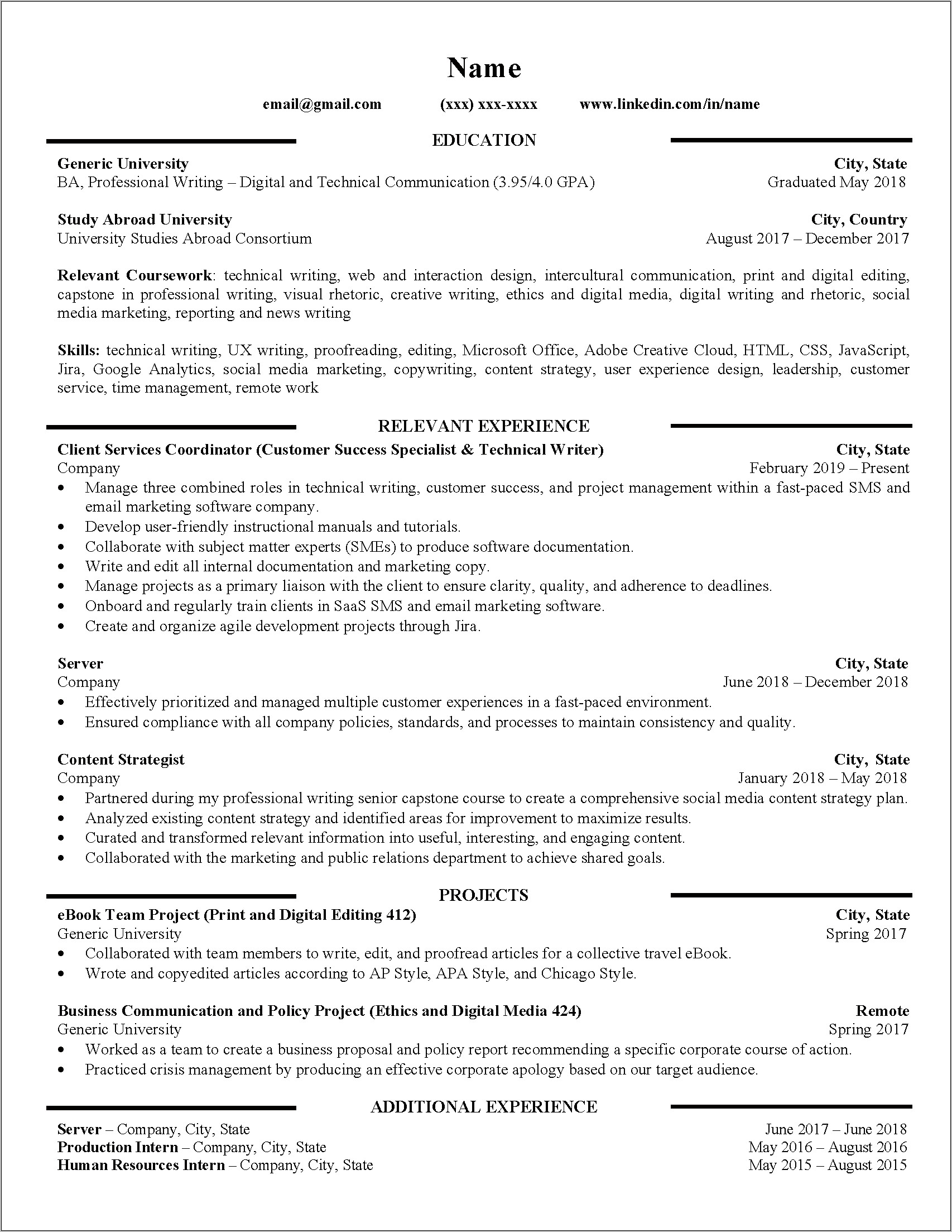 Example Of Resume In Technical Writing