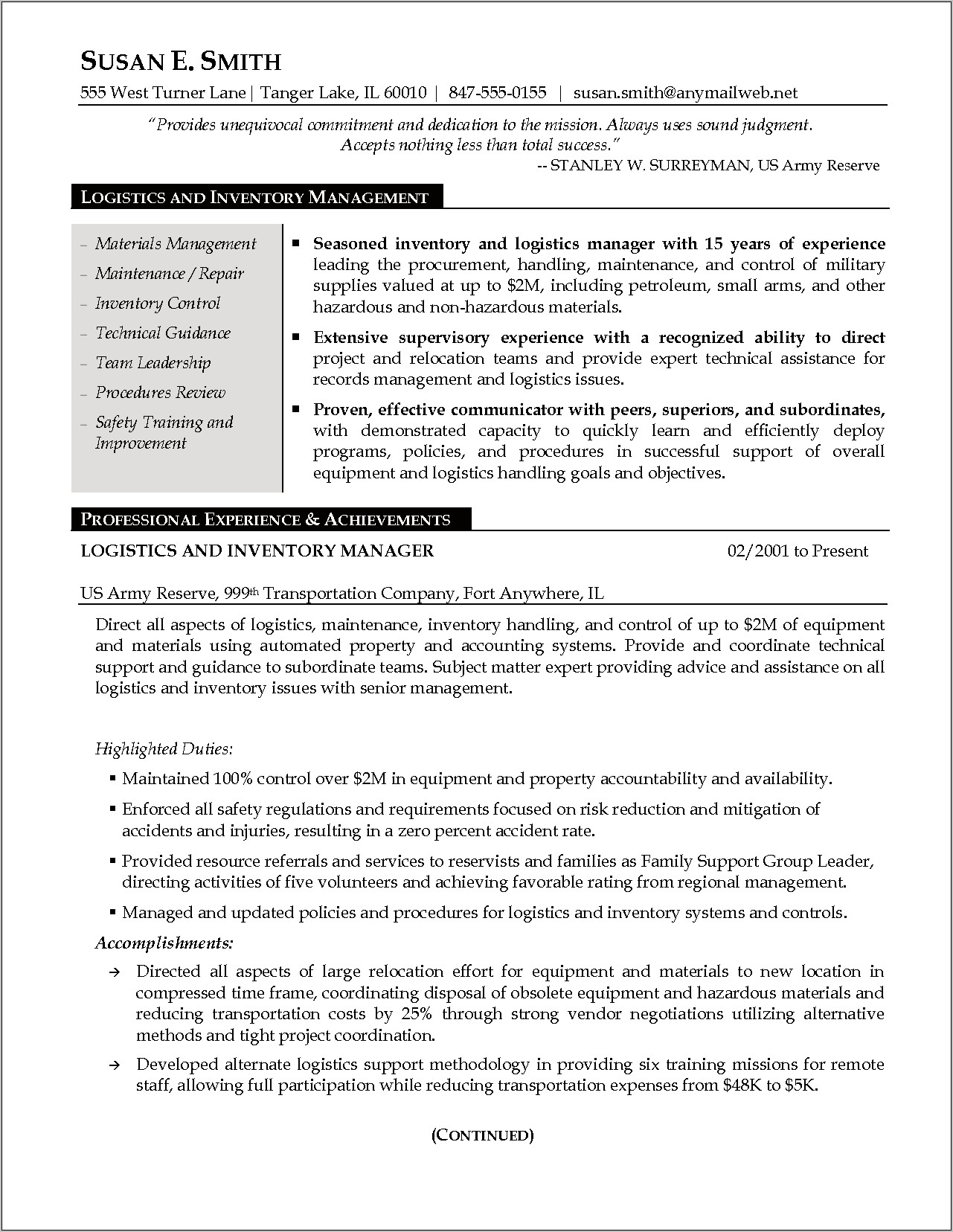 Example Of Resume Including Army Reserve Expericenc