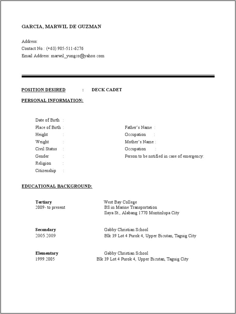 Example Of Resume Letter For Seaman