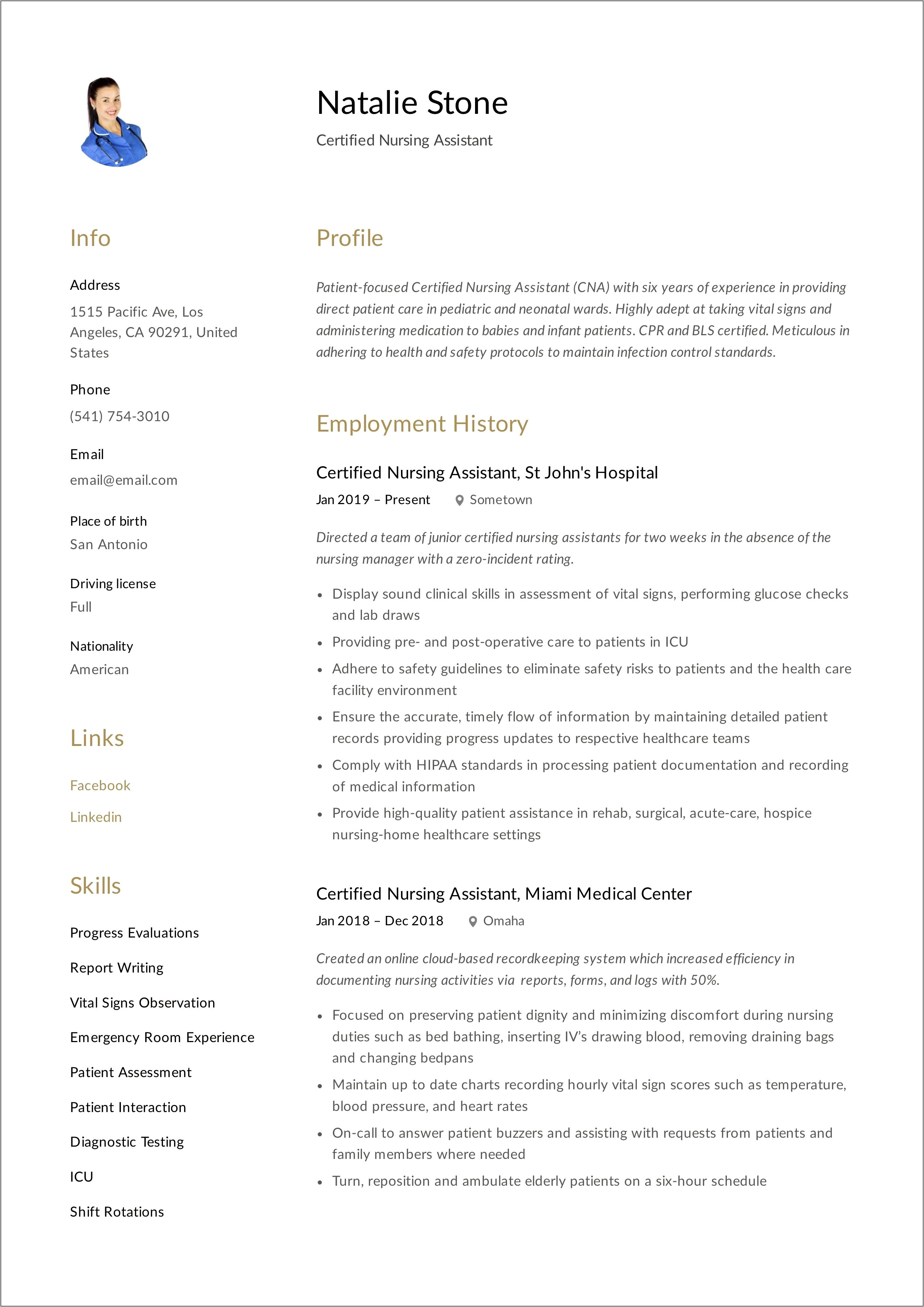 Example Of Resume Objective For A Cna