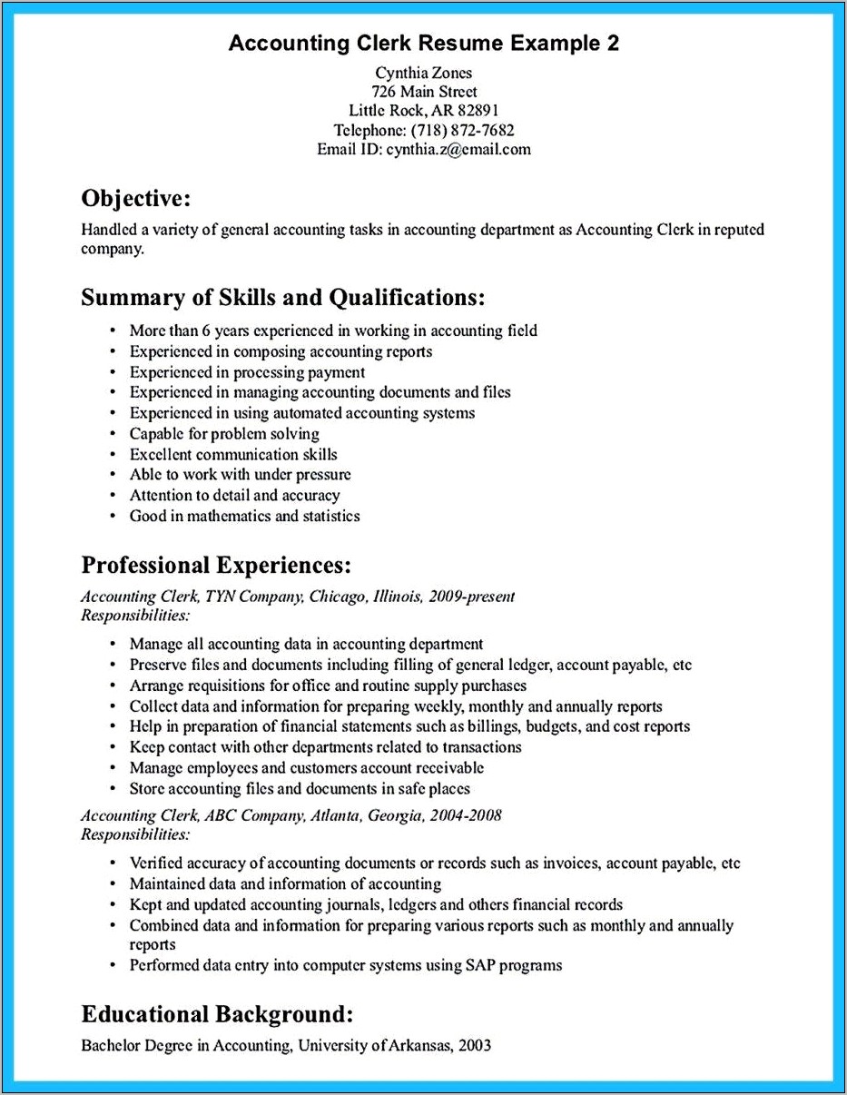 Example Of Resume Objective For Bookkeeper