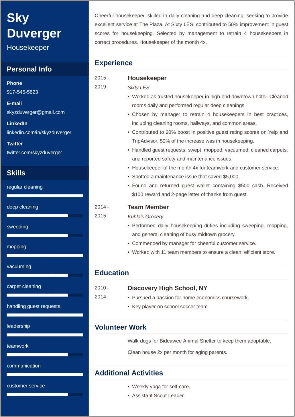 Example Of Resume Objective For Housekeeping