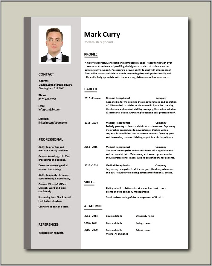 Example Of Resume Objective Front Desk Receptionist Hospital