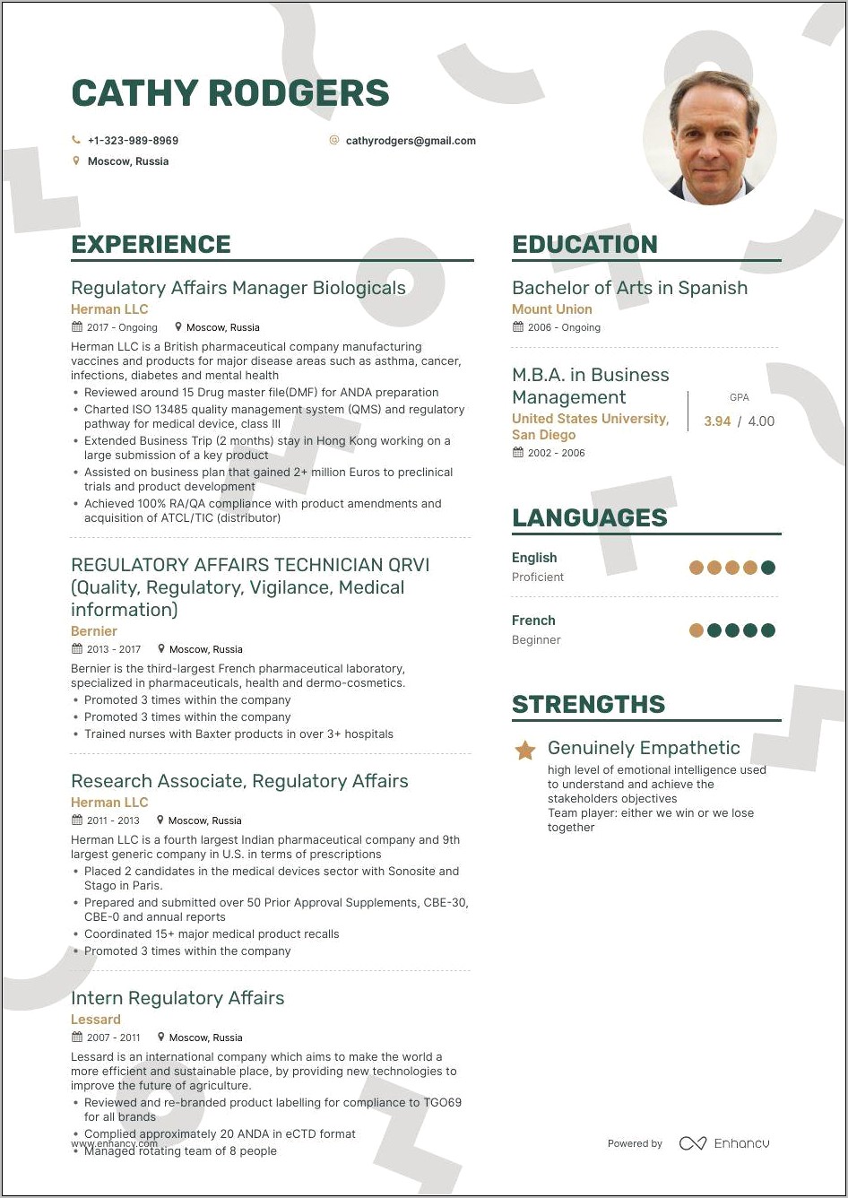 Example Of Resume Of Regulatory Affairs Employee