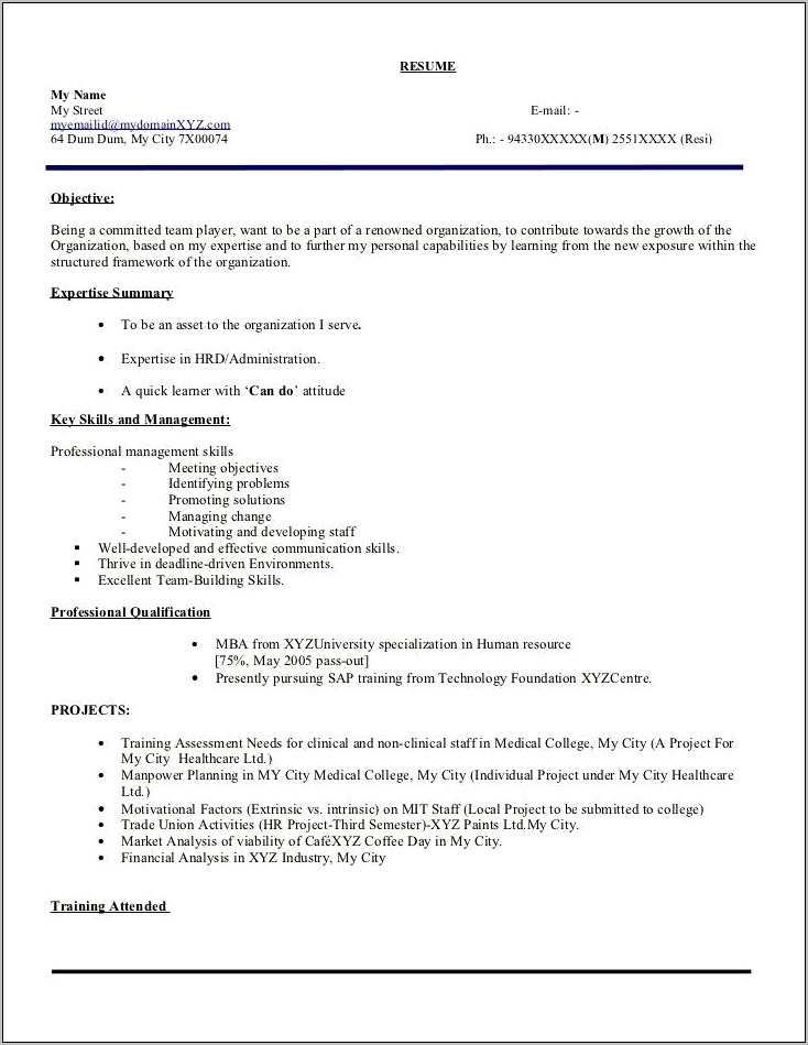 Example Of Resume Summary For Freshers
