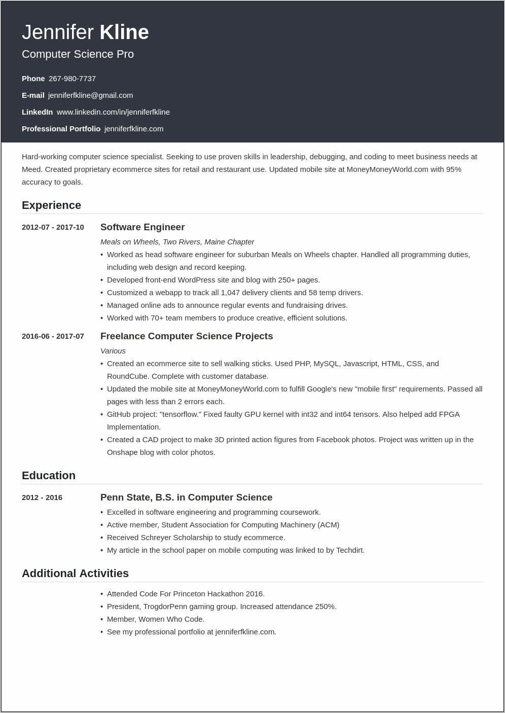 Example Of Resume Template With Volunteering