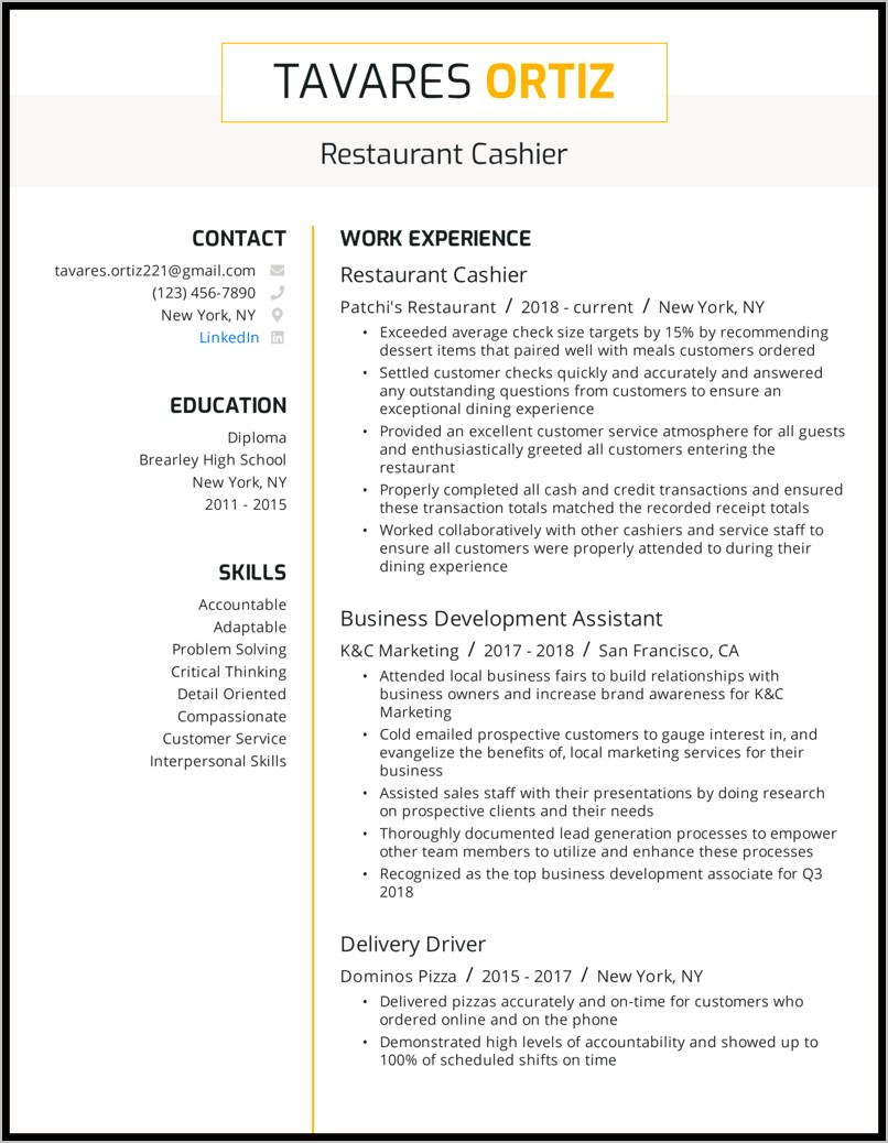 Example Of Resume Title For Cashier