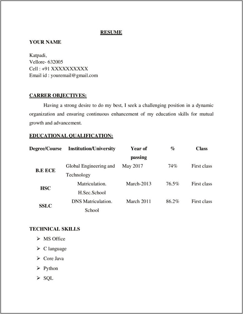 Example Of Resume To Apply Job For Freshers
