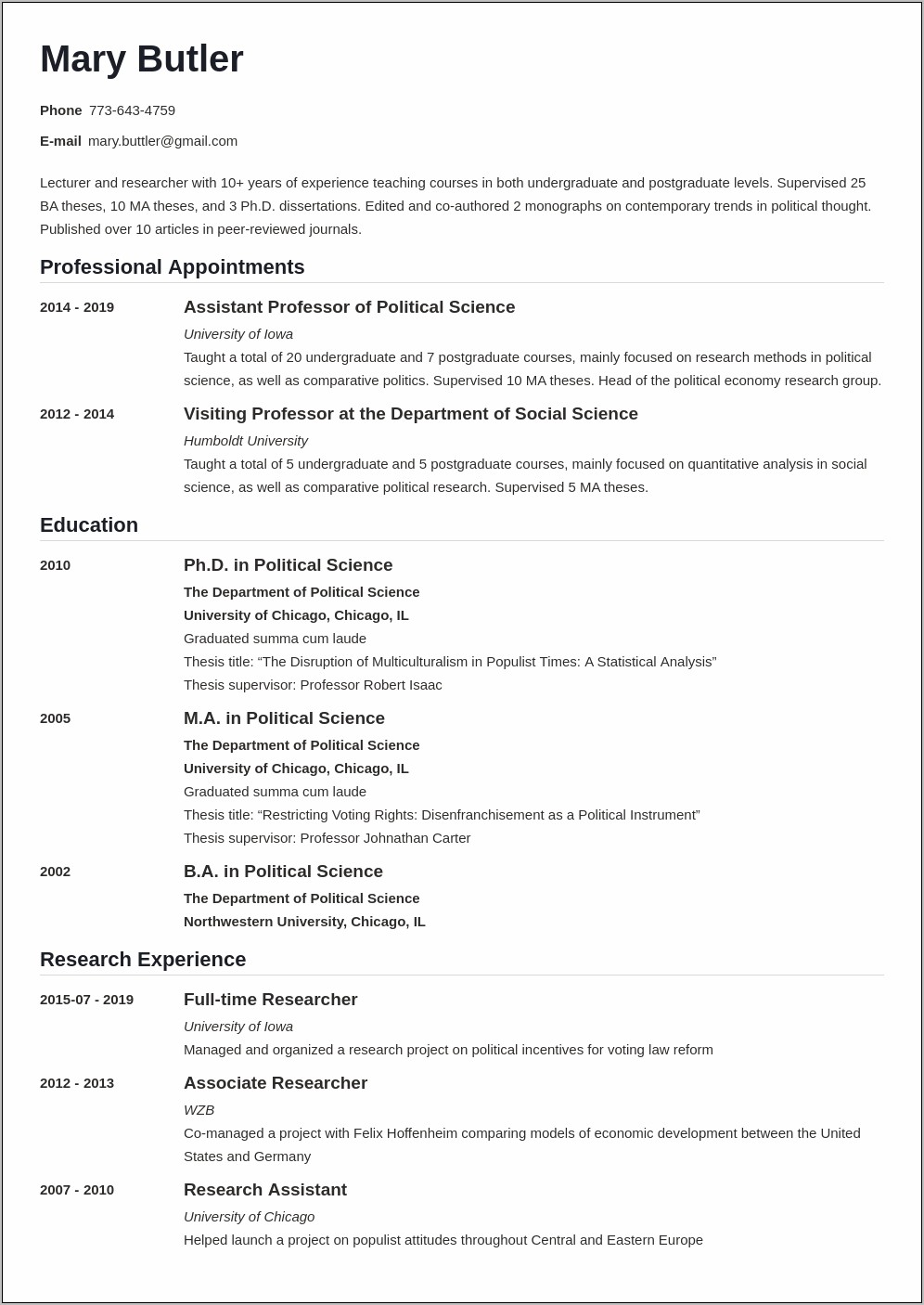 Example Of Resume To Send To A Professor