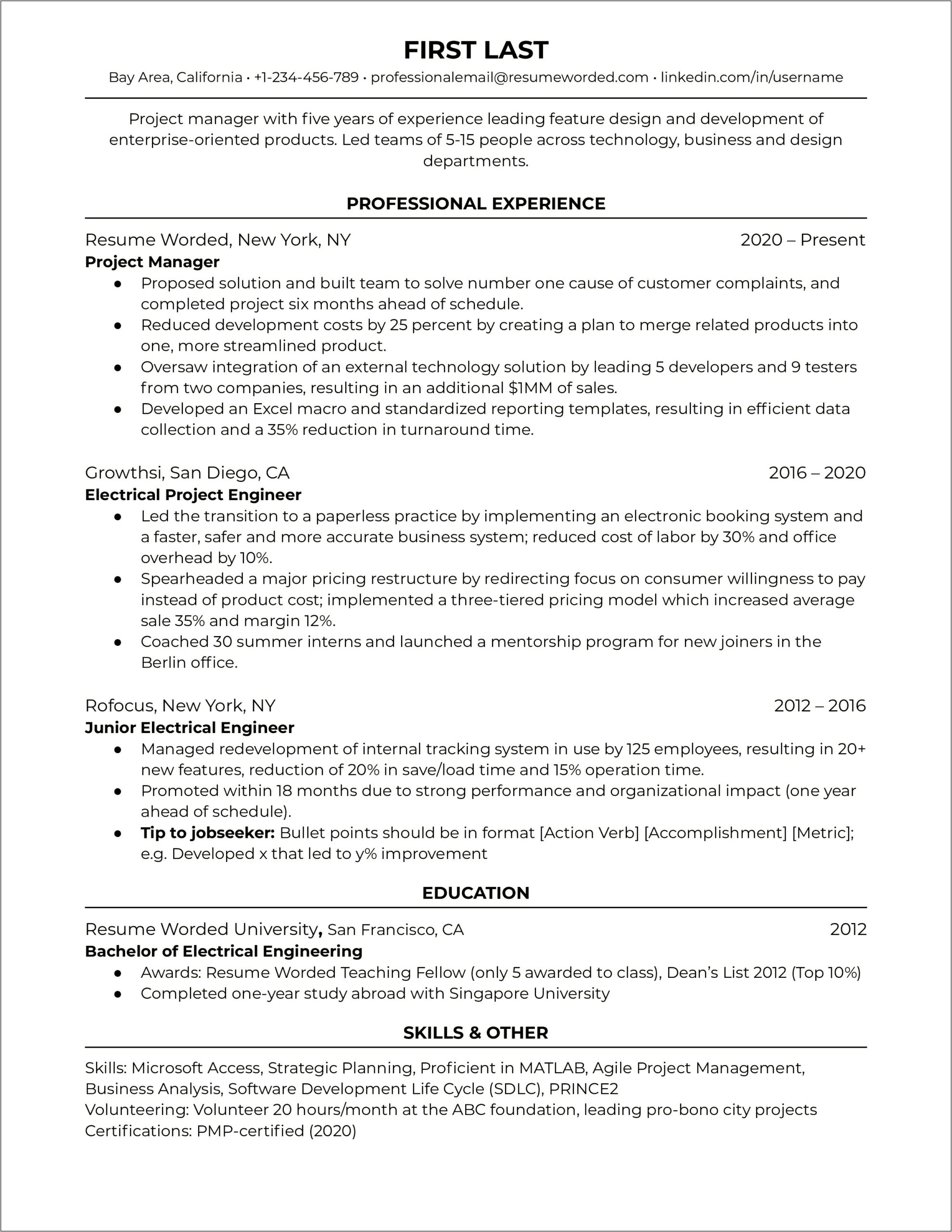 Example Of Resume With Bullet Points