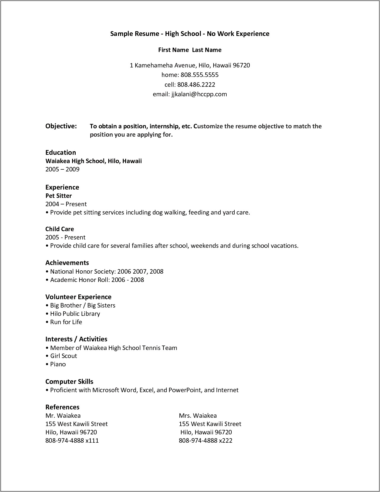 Example Of Resume With No Working Experience