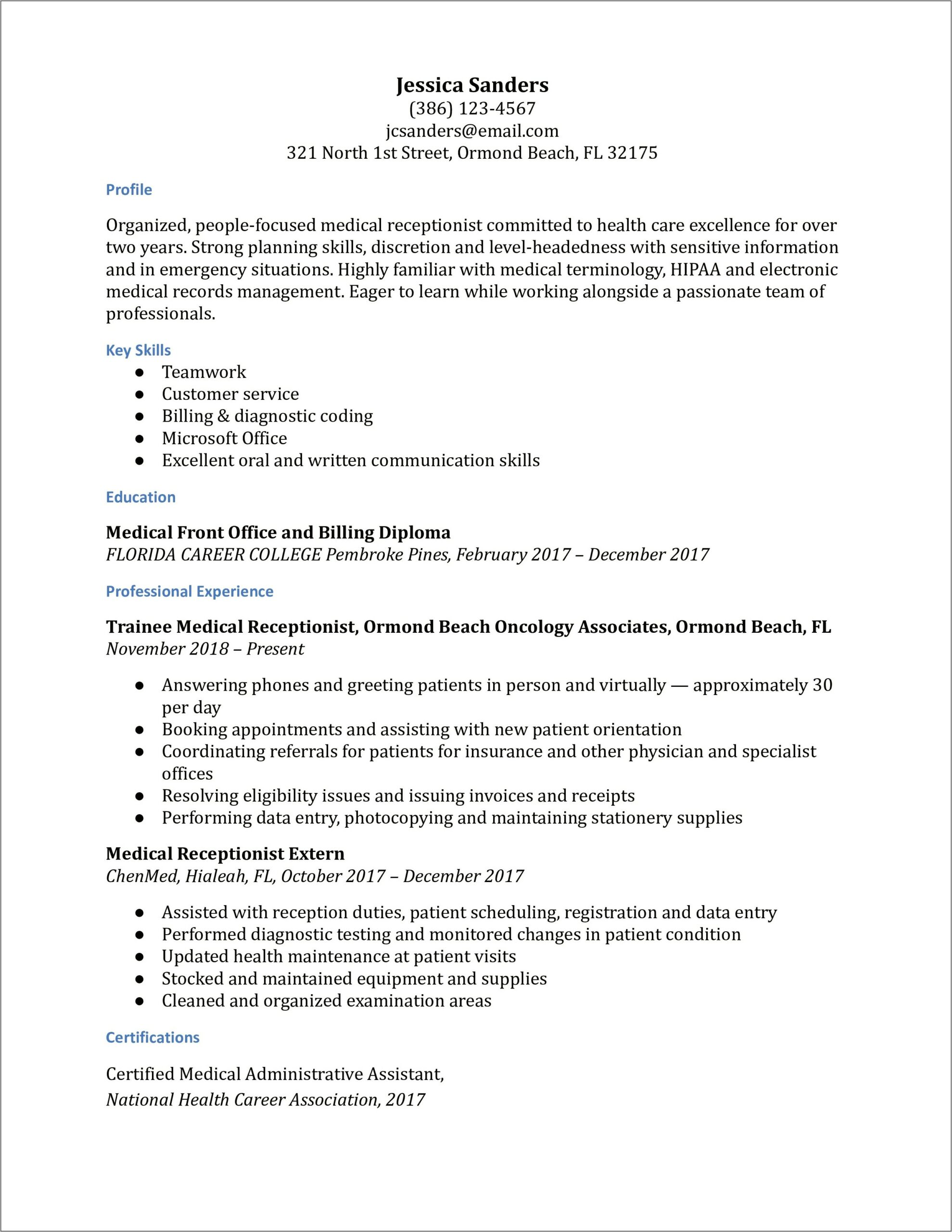 Example Of Resumes For Medical Receptioist