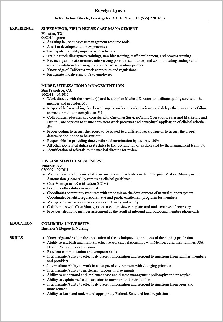 Example Of Rn Case Manager Resume