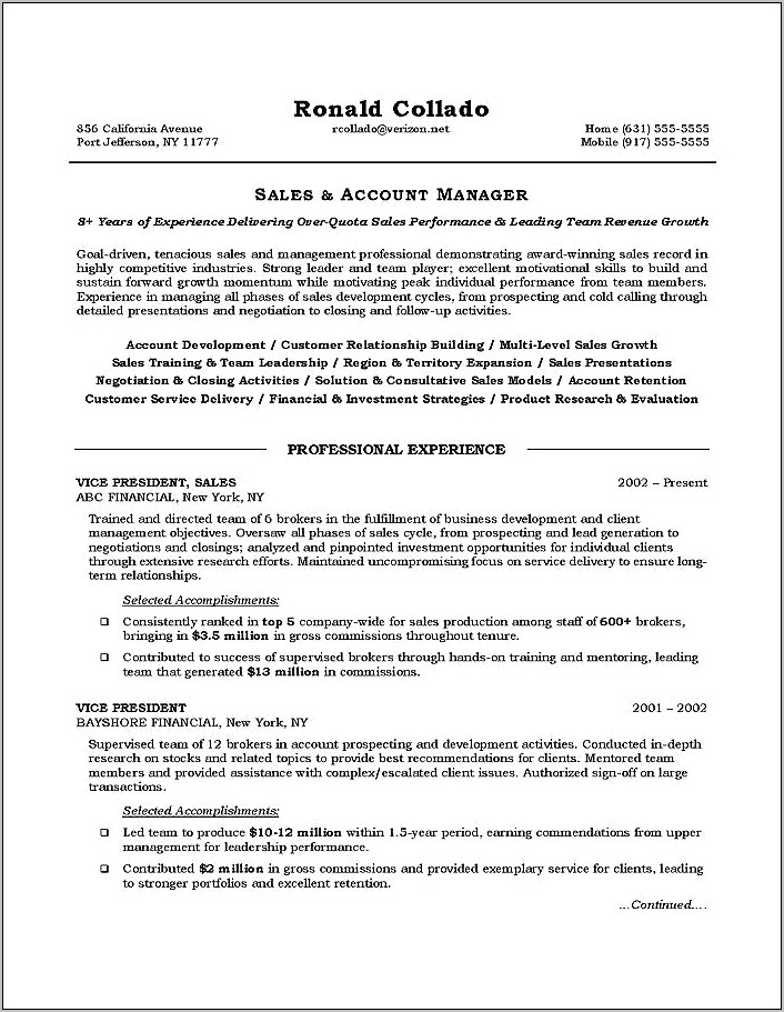 Example Of Sales Objective For Resume