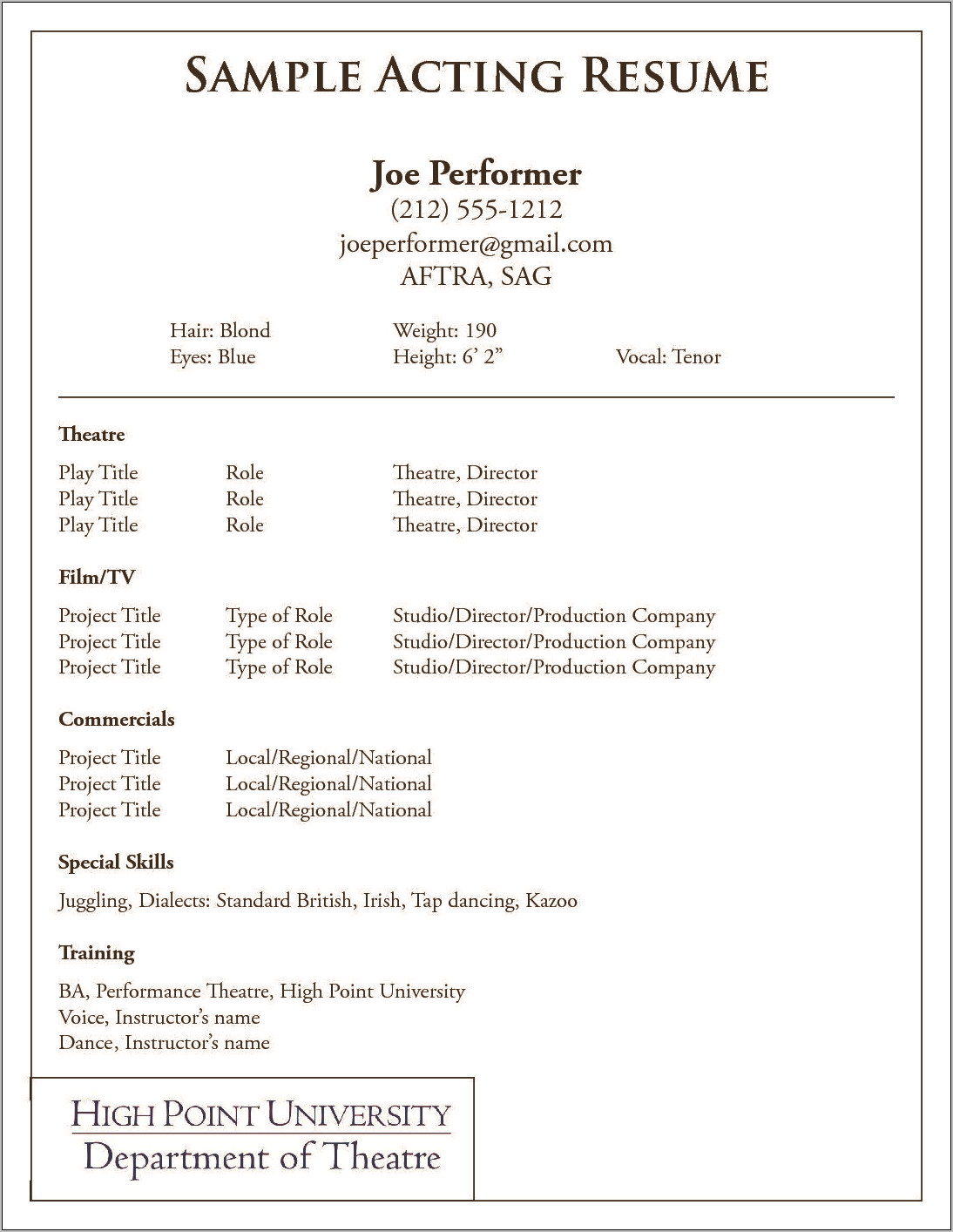 Example Of Special Skills On Theatre Resume
