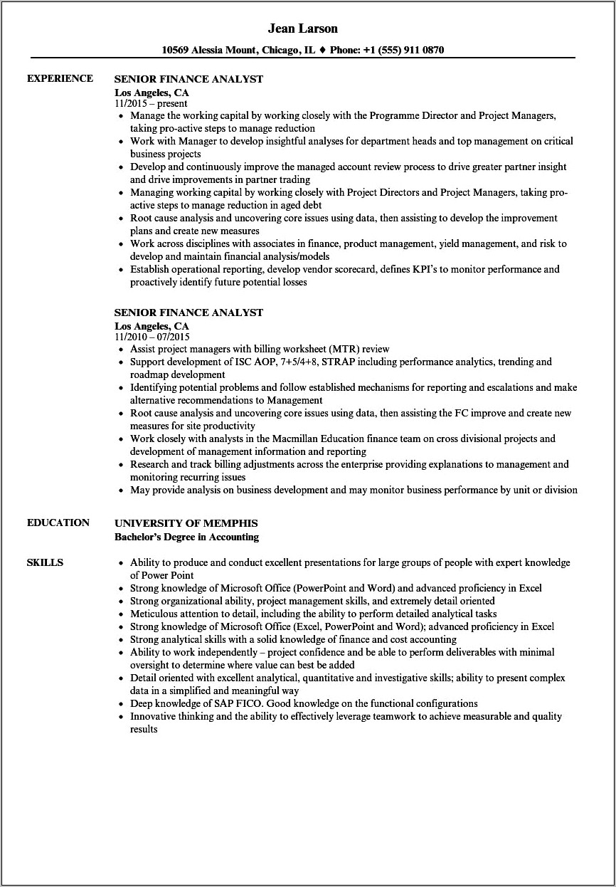 Example Of Sr Operations Finance Analyst Resume
