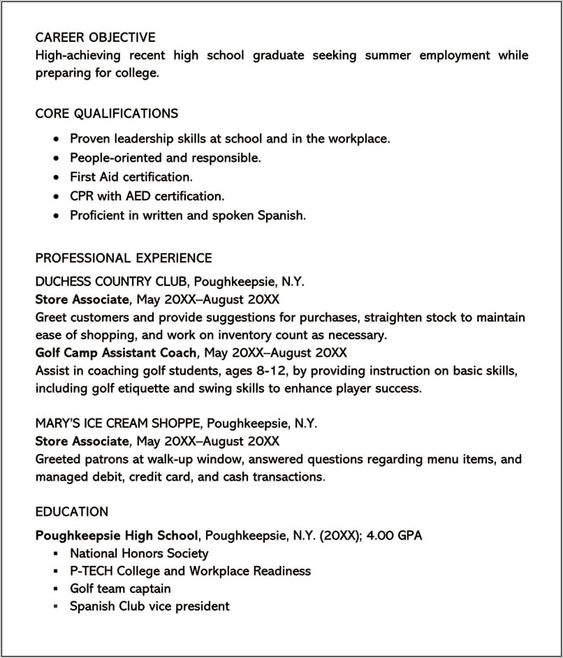 Example Of Student Resume For Summer Job