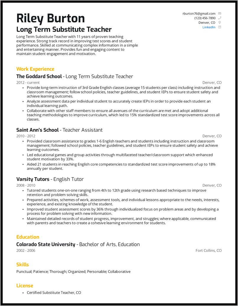 Example Of Substitute Teaching On Resume