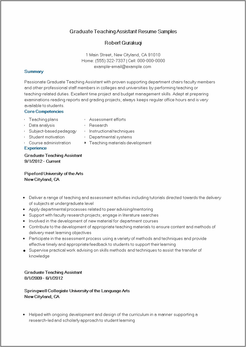 Example Of Teaching Assistant Resume