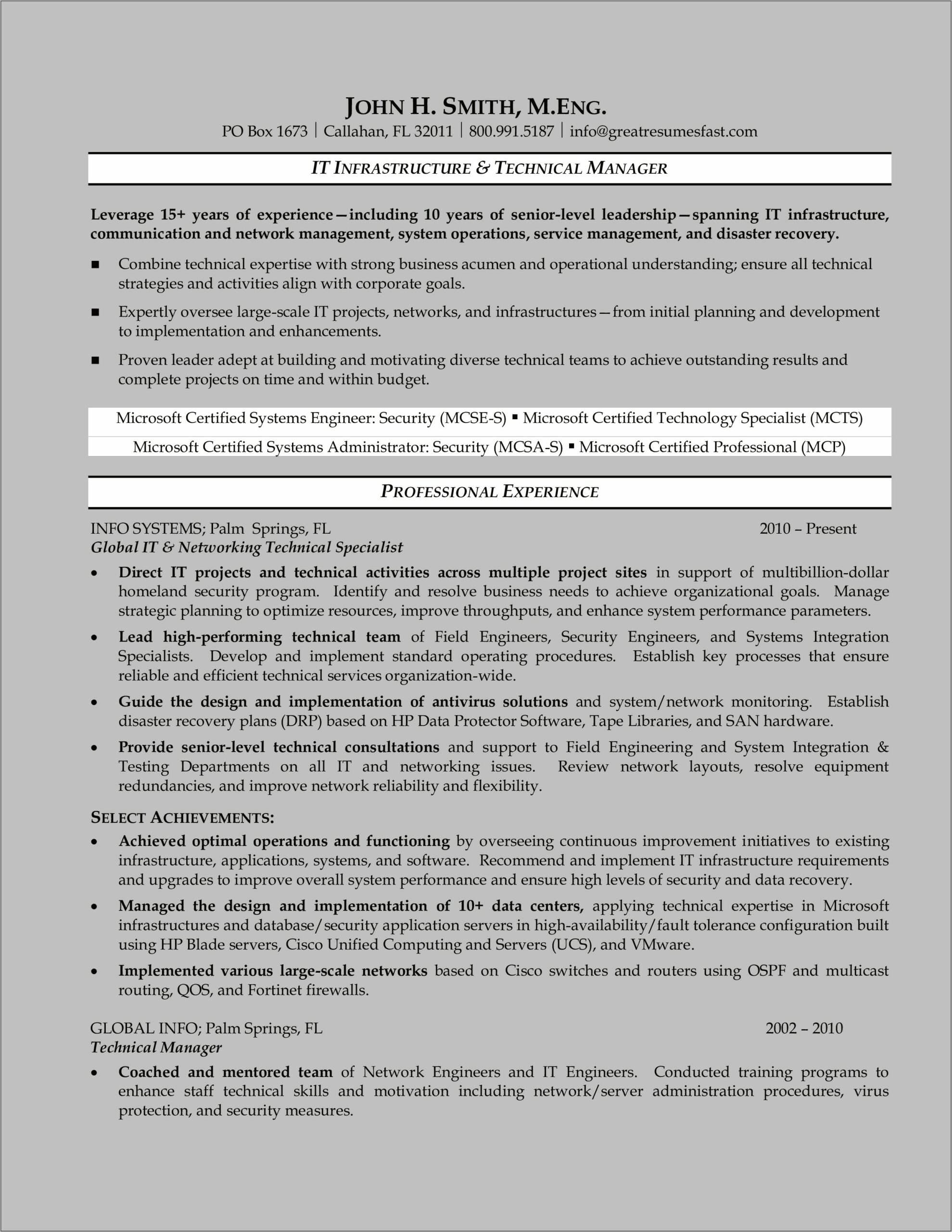 Example Of Technical Manager Resume