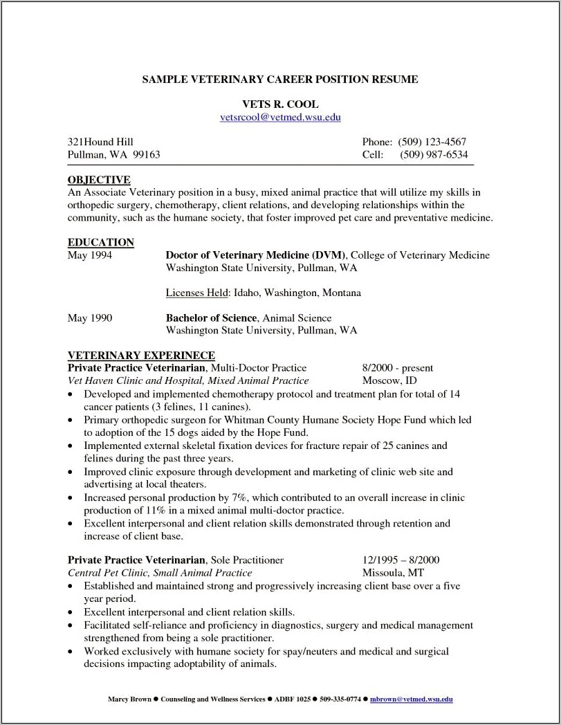Example Of Vet School Resume