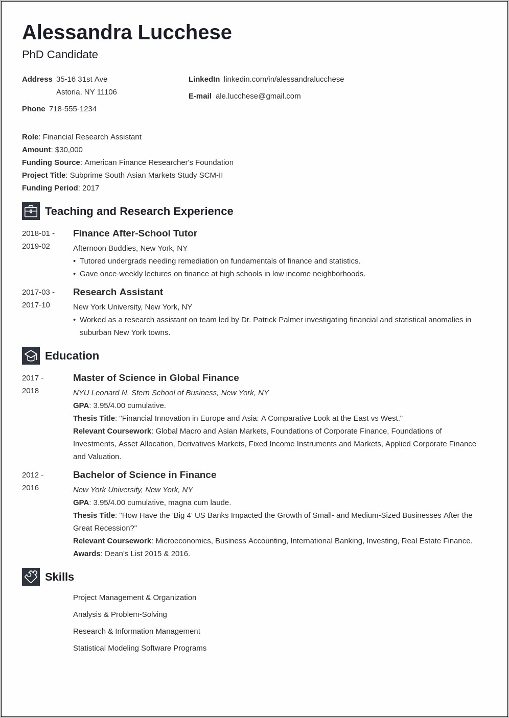 Example One Page Graduate Student Resume