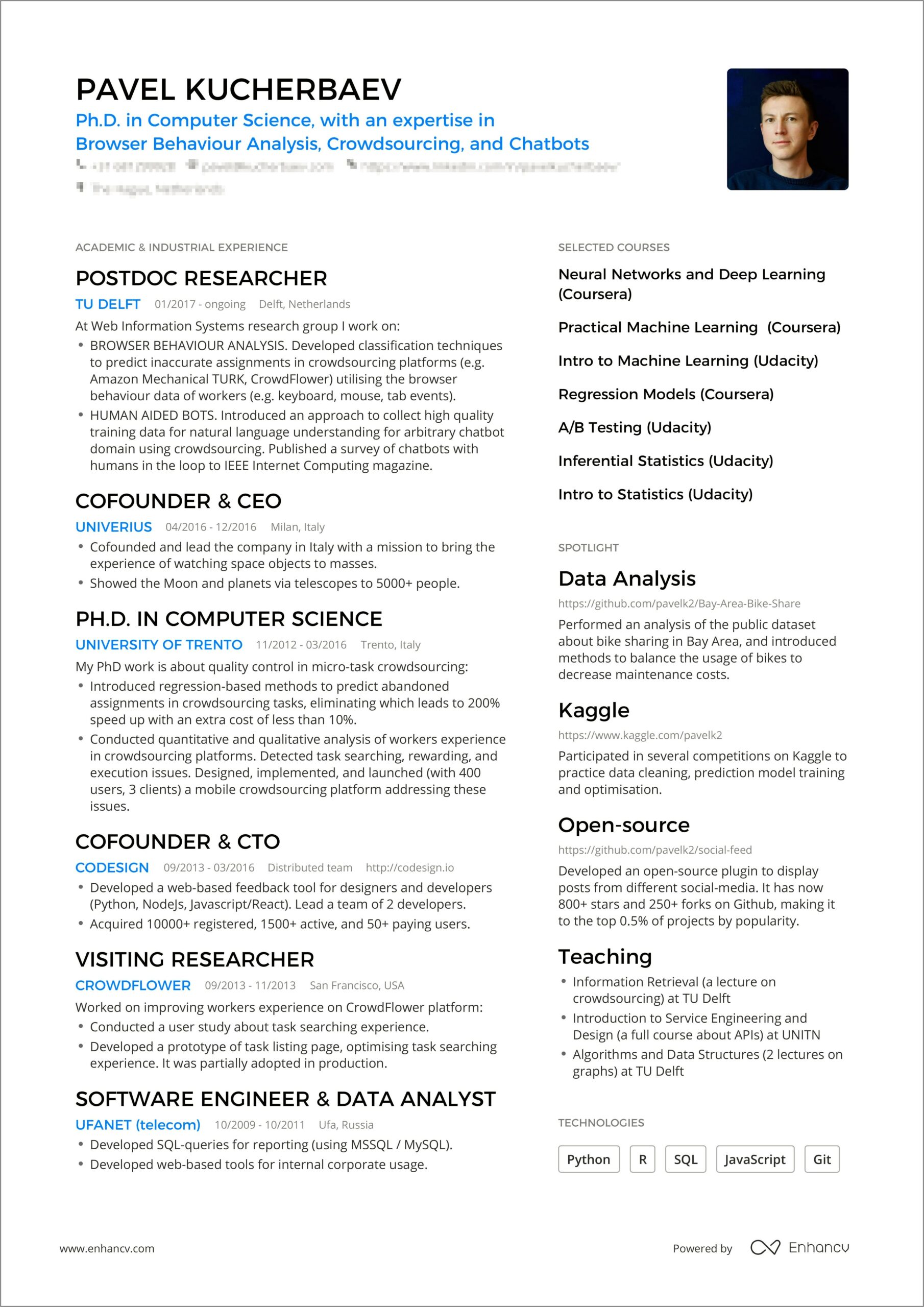 Example One Page Resume For Experience