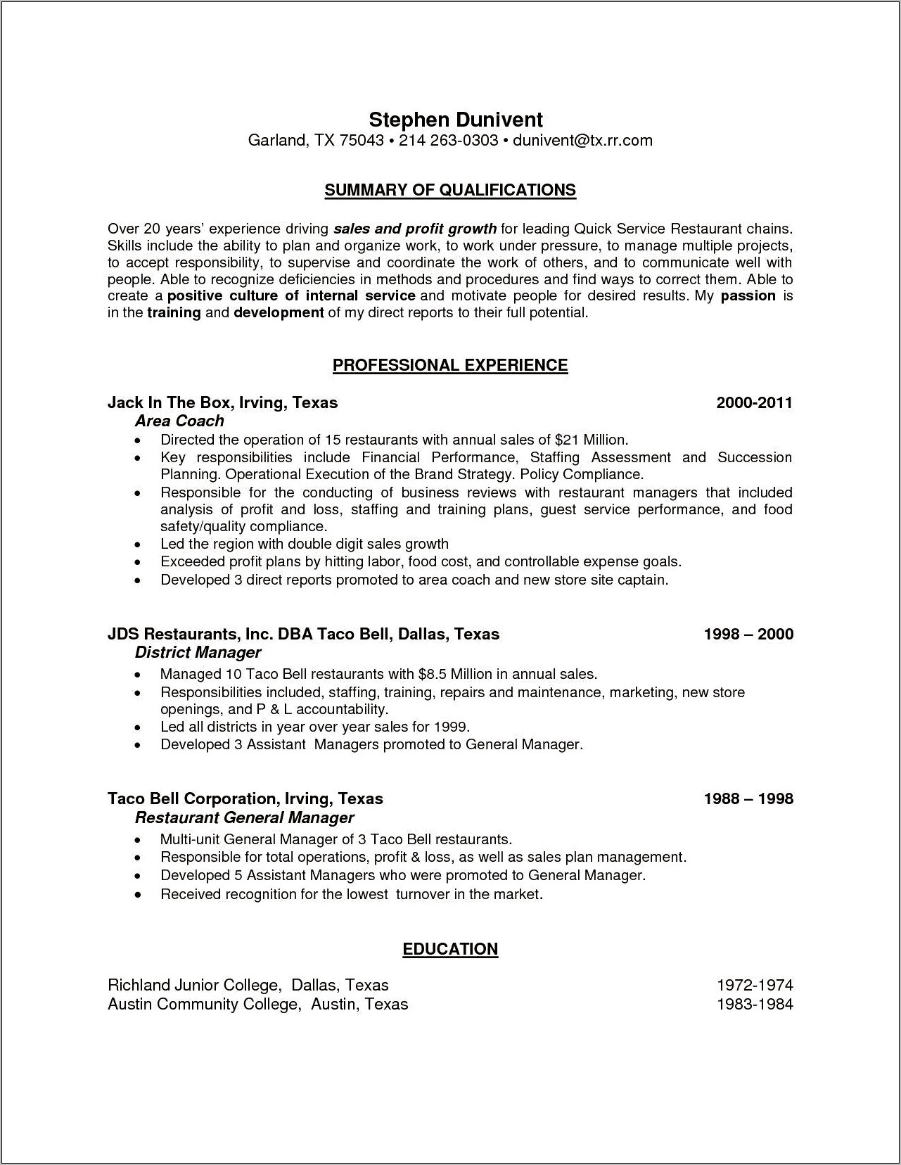 Example Restaurant Store Manager Resume Word Format