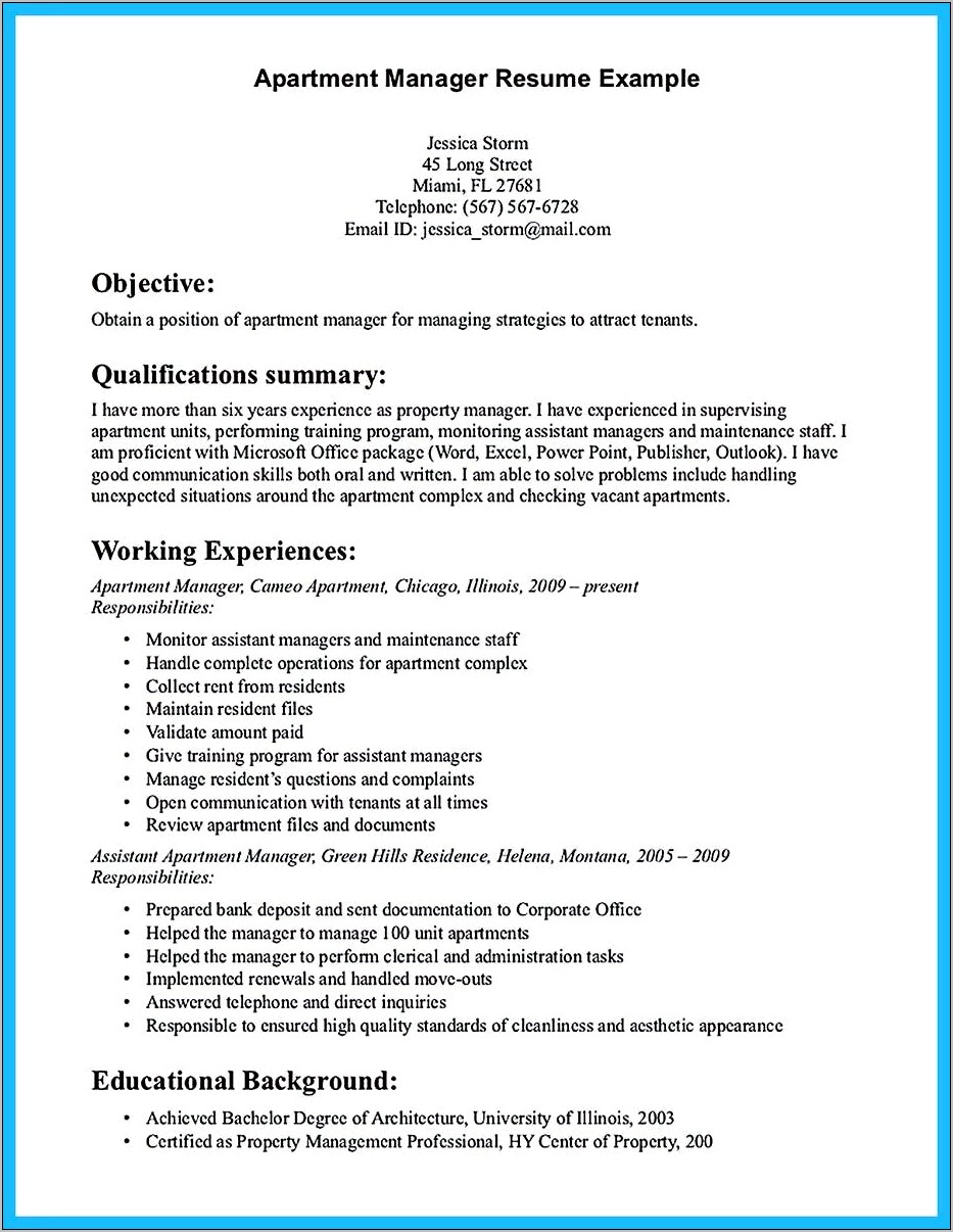 Example Resume Assistant Property Manager