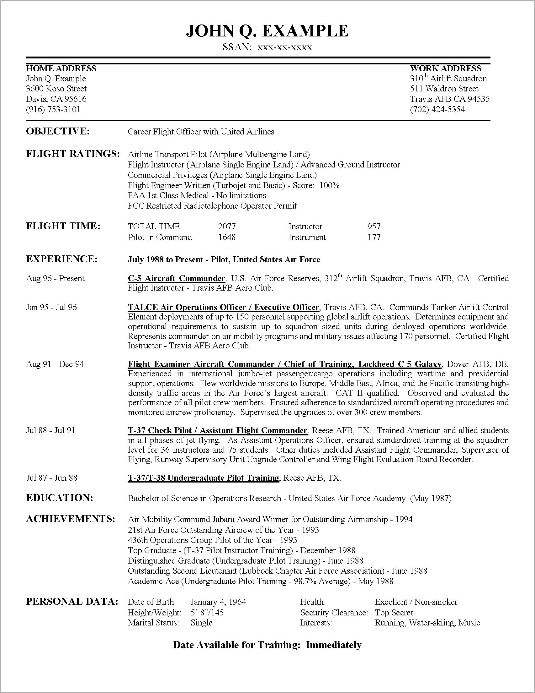 Example Resume Cover Letter For Pilots