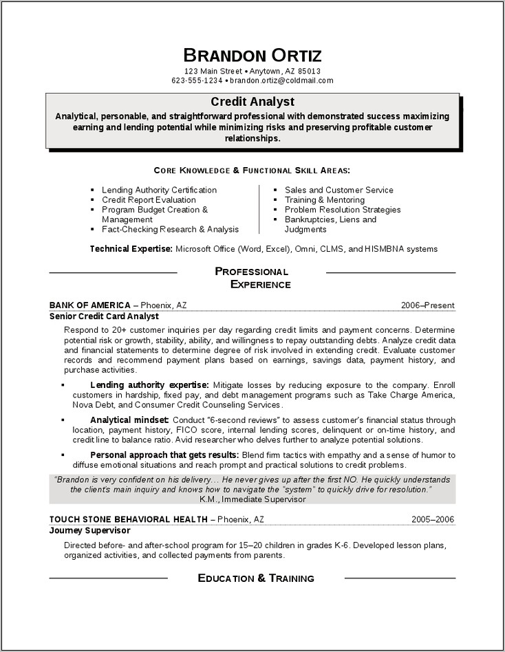 Example Resume Credit Analyst Recent Graduate