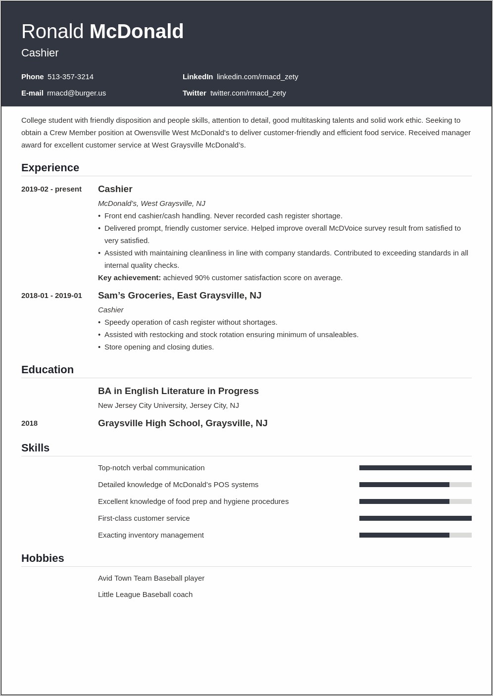 Example Resume Fast Food Worker Experience