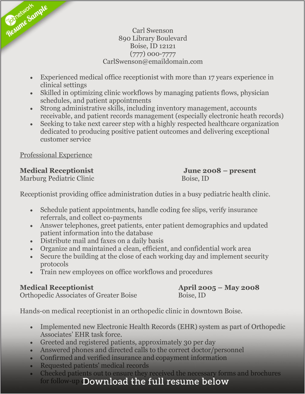 Example Resume For A Receptionist At A Vet