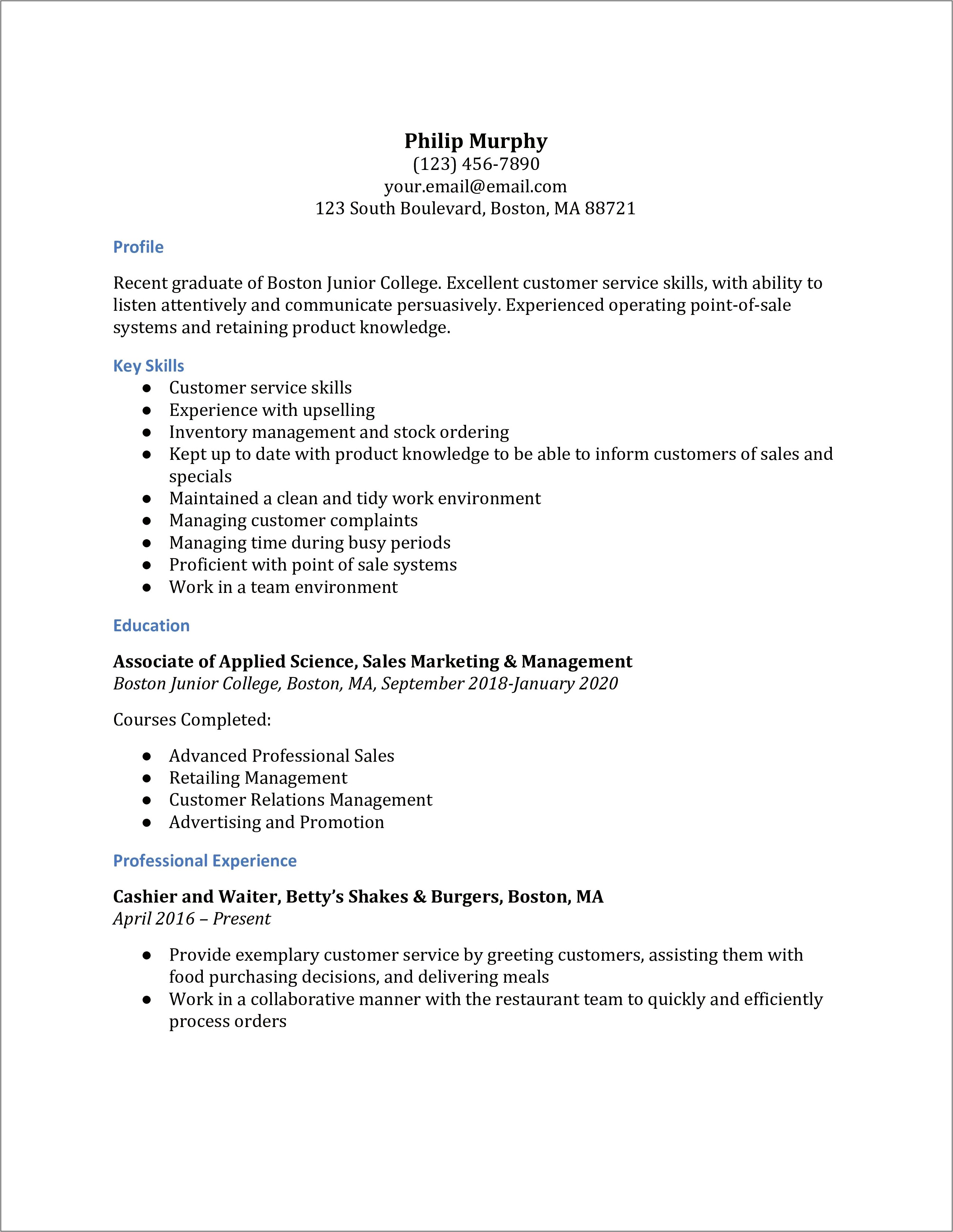 Example Resume For A Sale Associate