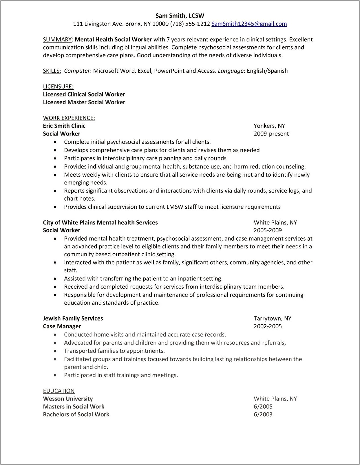 Example Resume For A Social Worker