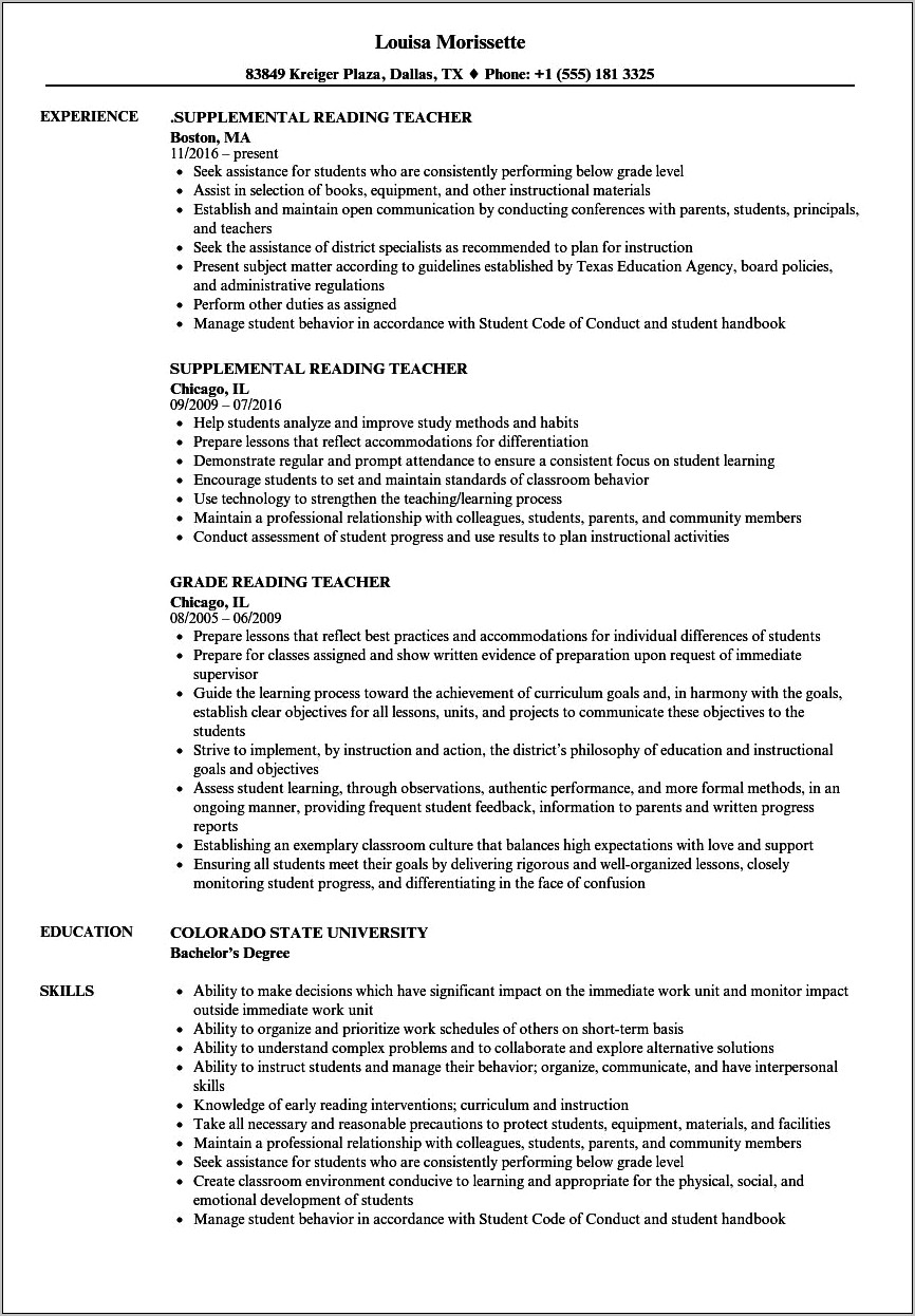 Example Resume For An Instructional Monito